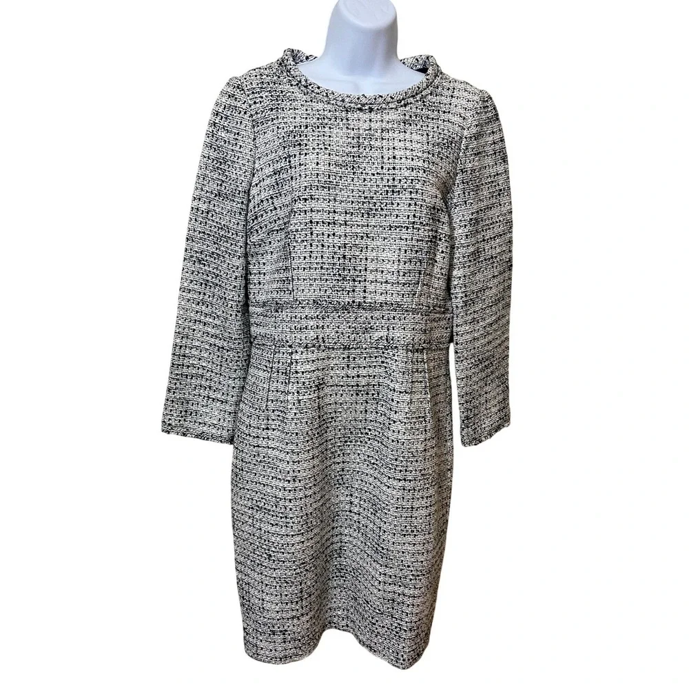 j crew long sleeve tweed dress J. Crew Tweed Sheath Dress Black‎ White Long Sleeve Career Size 10